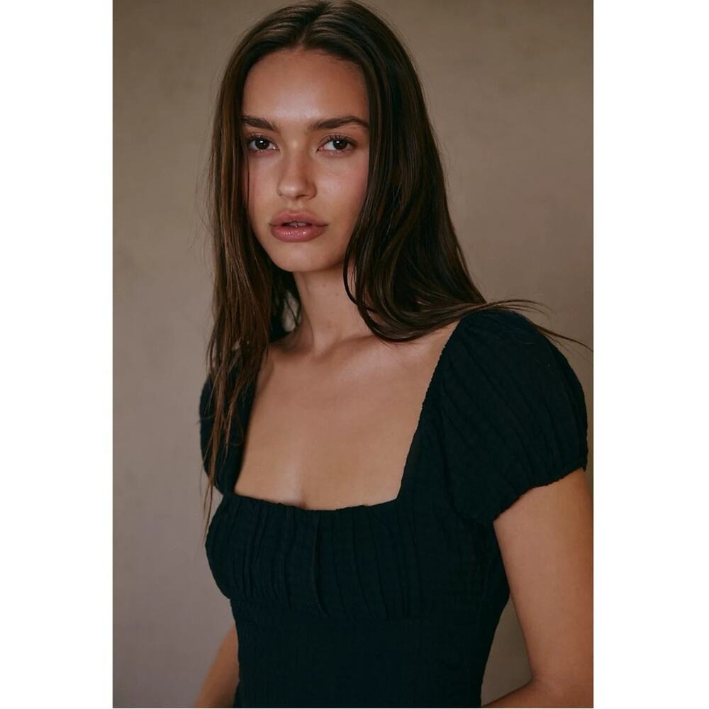 Free People Ciara Pucker Check Midi Dress in Black Medium Classic Minimalist - Picture 4 of 11